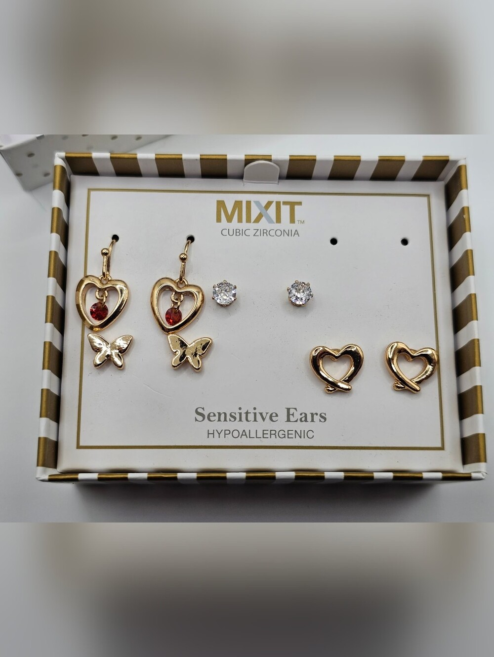 Mixit Gold-Tone Heart, Butterfly & Red Accent Earring Set (4pairs)